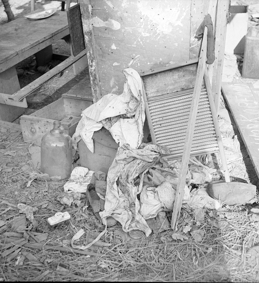 Dirty clothes and flies. American River camp, near Sacramento, California