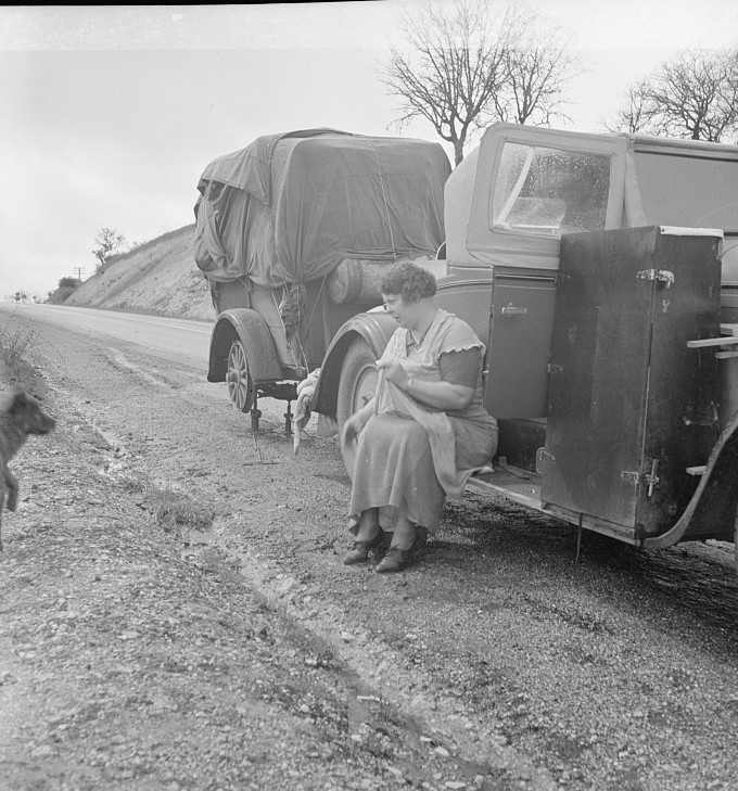 Migrant pea workers on the road All their worldly possessions in car and trailer California