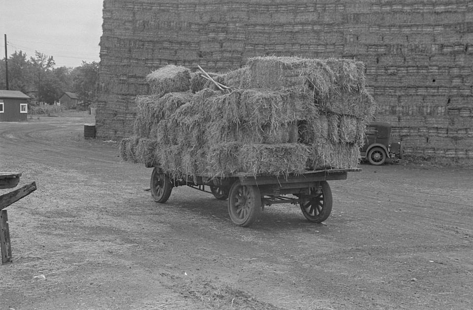 baled straw on wagon