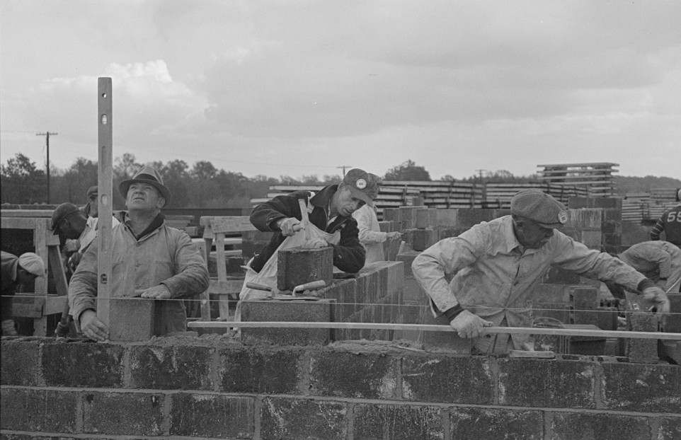 Closeup of construction of houses, Jersey Homesteads, Hightstown New Jersey 1936 Russell Lee