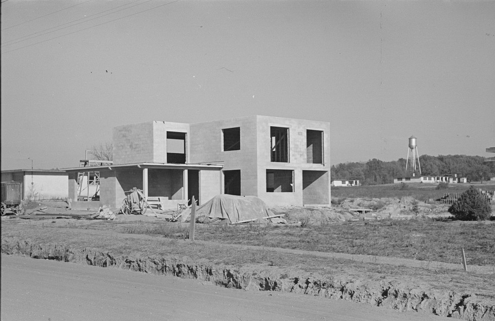 New type of two-story house under construction. Stucco coat has just been applied, Jersey Homesteads, Hightstown nov. 1936 russ