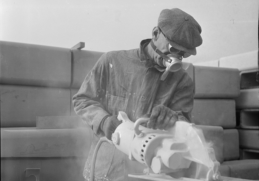 Tile cutter, Hightstown, New Jersey, showing modern health methods used in this work may 1935 carl mydans