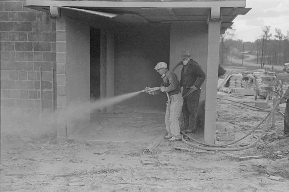 Whitewashing a cinderblock house, Jersey Homesteads, Hightstown, New Jersey Nov. 1936