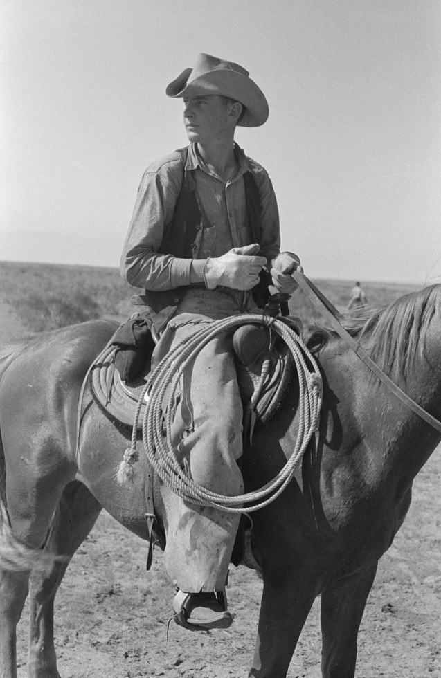 Cowboy on horse with equipment on cattle ranch near Spur, Texas by photographer Russell Lee May 1939