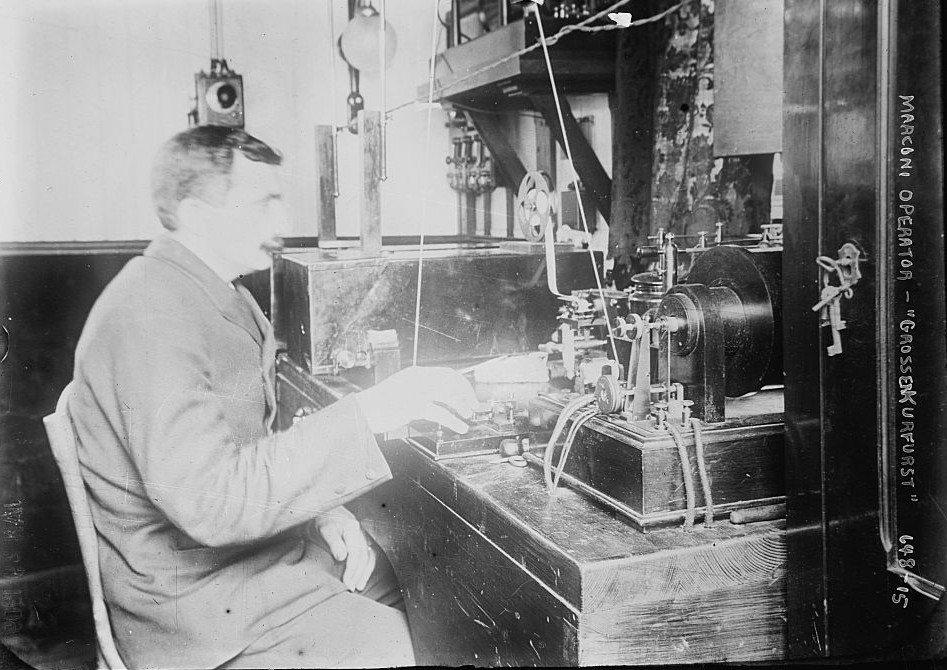 Marconi operator aboard ship Grosserkorfurst, at his instruments