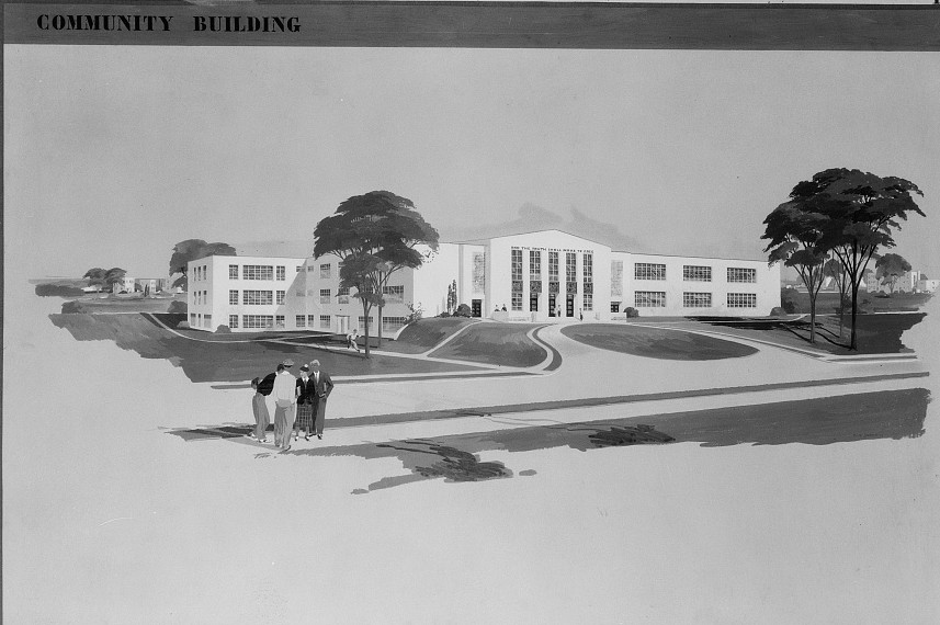 Drawing of community building. Greenhills project, Ohio 1936