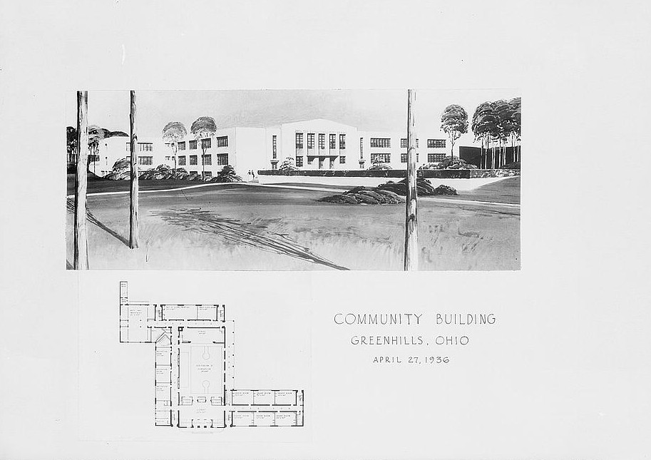 Plan and drawing of community building. Greenhills, Ohio 1936